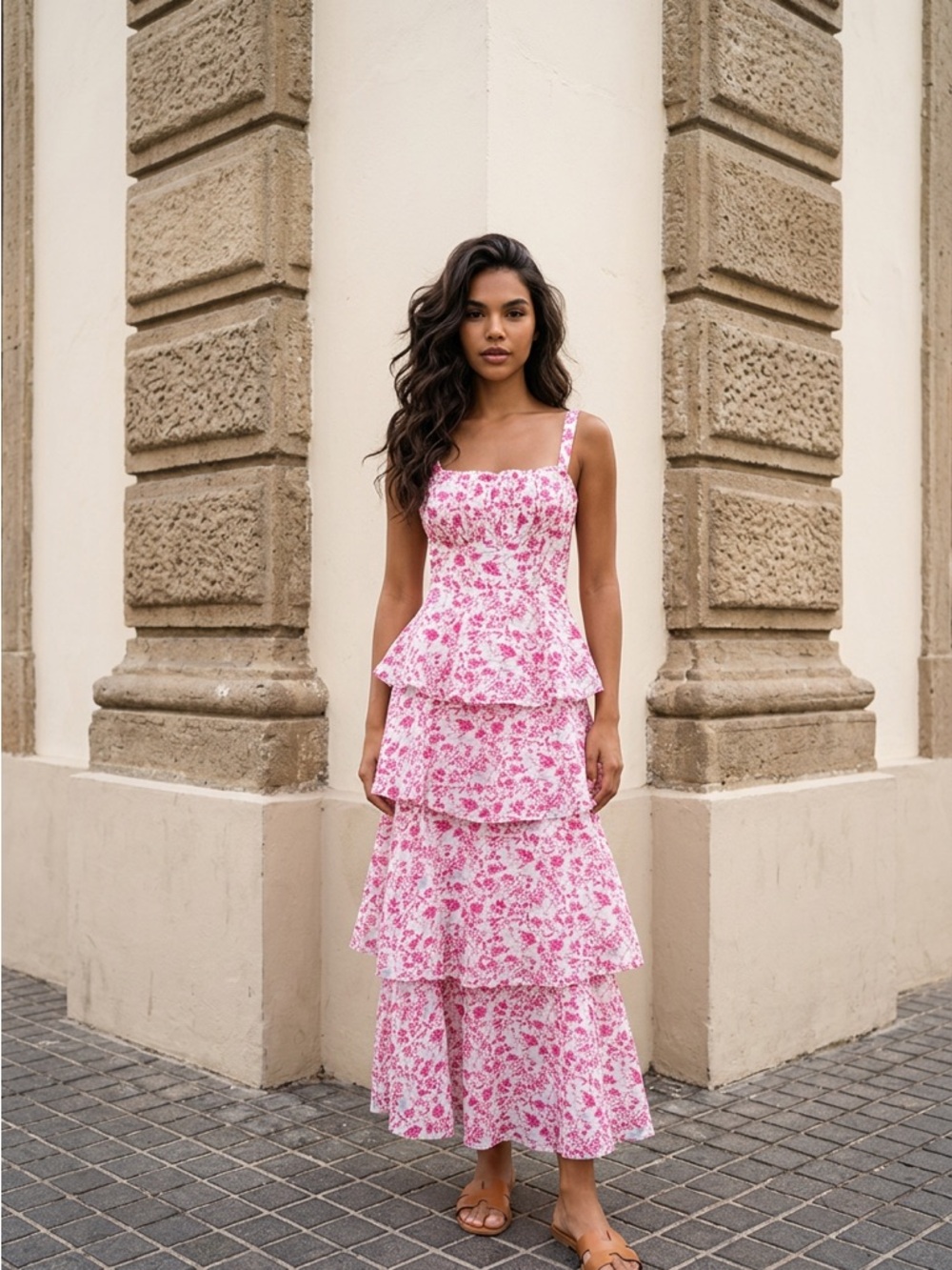 Floral Pink Tiered Maxi Dress with Spaghetti Straps